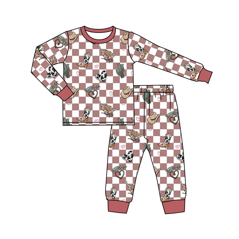 Baby Girls Pink Checkered Highland Cow Cactus Shirts Top Pants Pajamas Clothes Sets Preorder(moq 5)