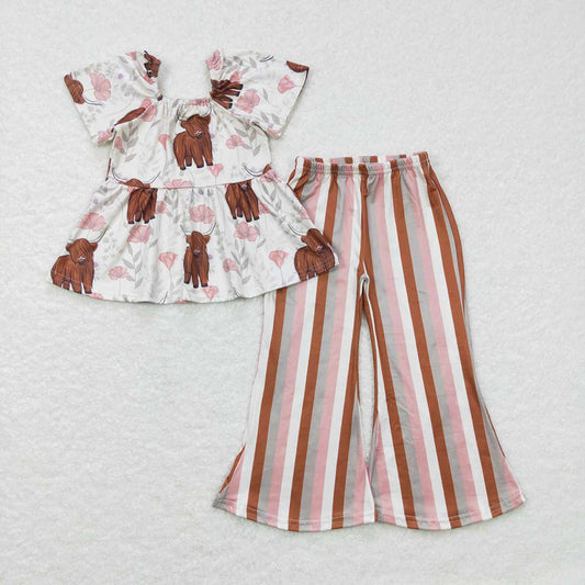 Baby Girls Western Short Sleeve Top Highland Cow Stripes Bell Pants Clothing Sets