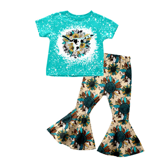 Baby Girls Cow Sunflower Tee Shirt Bell Pants Clothes Sets Preorder(moq 5)