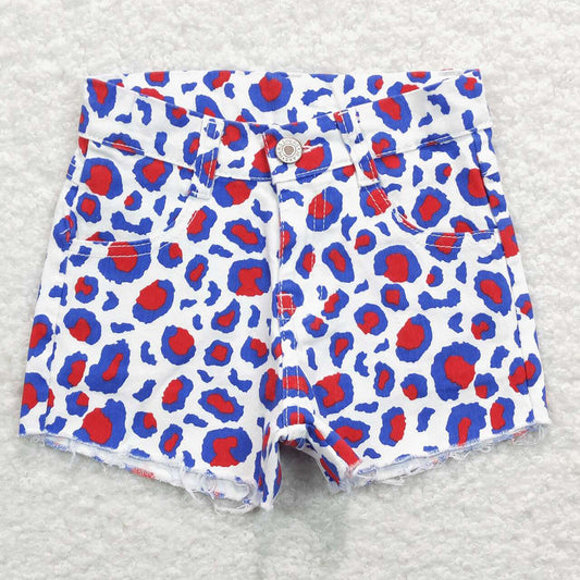 Baby Girls 4th Of July Red Blue Leopard Denim Shorts