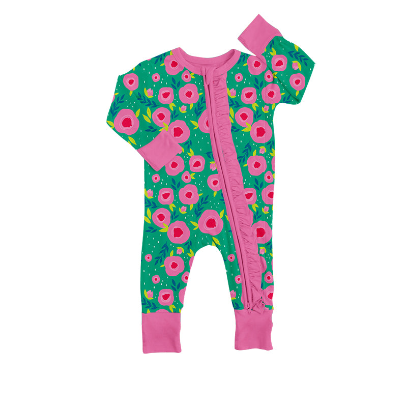 Baby Infant Girls Green Floral Long Sleeve Zip Rompers preorder(moq 5)