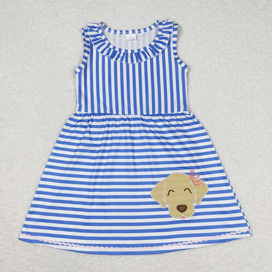Baby Girls Blue Stripes Dog Sleeveless Knee Length Dresses