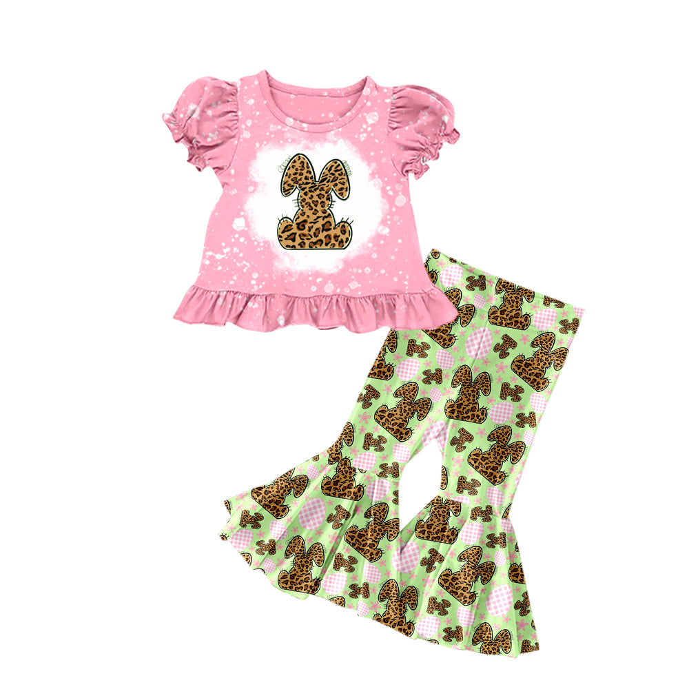 Baby Girls Easter Leopard Rabbit Shirts Top Flare Pants Clothes Sets Preorder(moq 5)