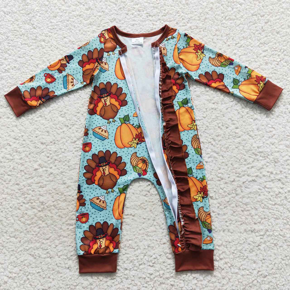 Baby Girls Thanksgiving Turkey Zip Long Sleeve Rompers