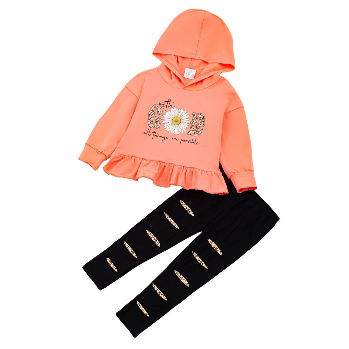 Baby Girls Spring Orange God Sunflower Hooded Top Distressed Legging Pants Boutique Clothes Sets preorder(moq 5)