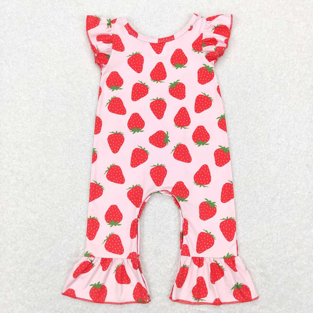 Baby Girls Pink Strawberry Flutter Sleeve Rompers