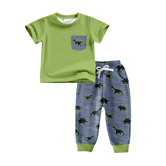 Baby Boys Green Dinosaur Pocket Shirt Pants Clothes Sets Preorder(moq 5)