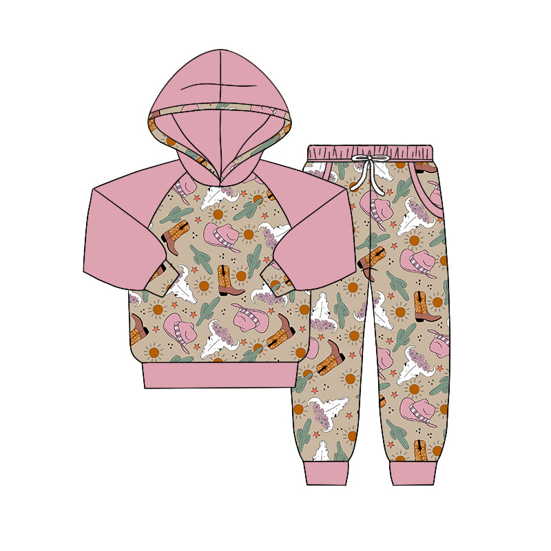 Baby Girls Western Boots Hats Flowers Western Hooded Top Legging Pants Clothes Sets Preorder(moq 5)