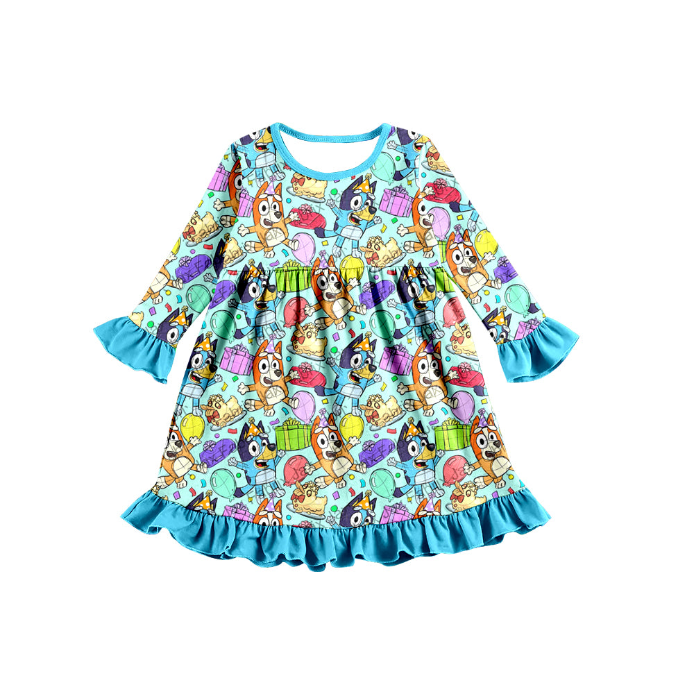 Baby Girls Blue Ruffle Knee Length Birthday Dogs Dresses preorder(moq 5)