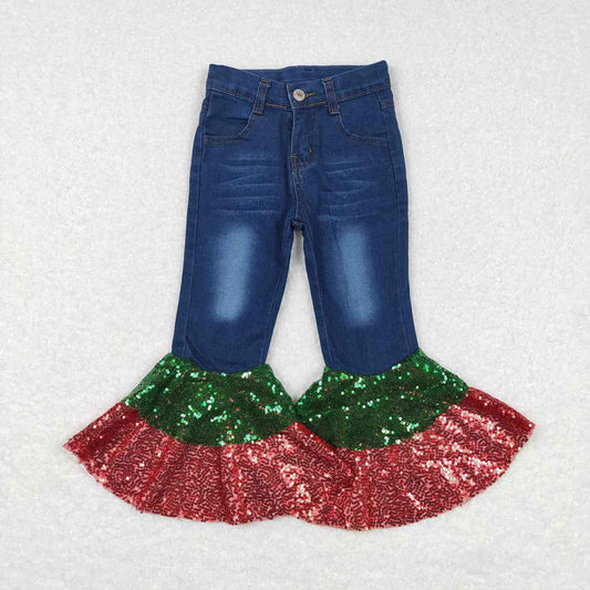 Baby Girls Christmas Denim Sequin Bell Bottom Pants Jeans