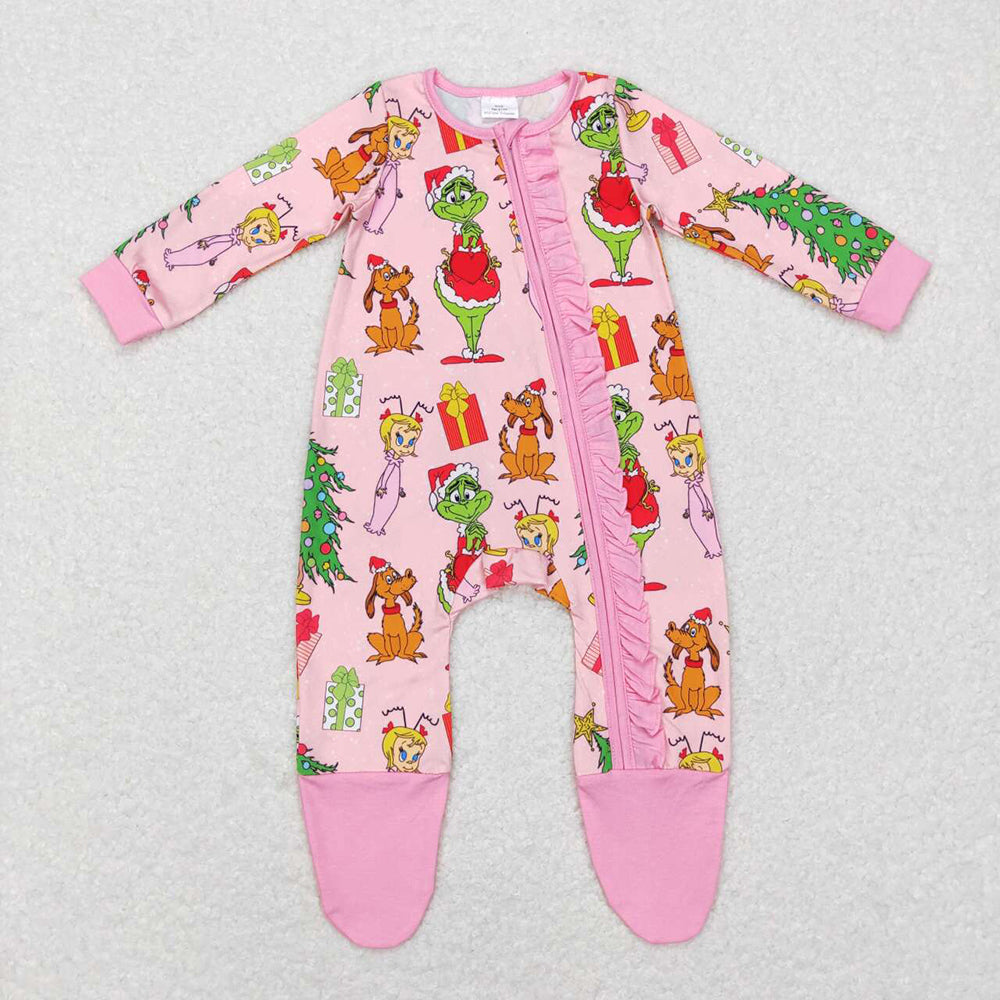 Baby Girls Christmas Pink Frog Long Sleeve Zip Rompers