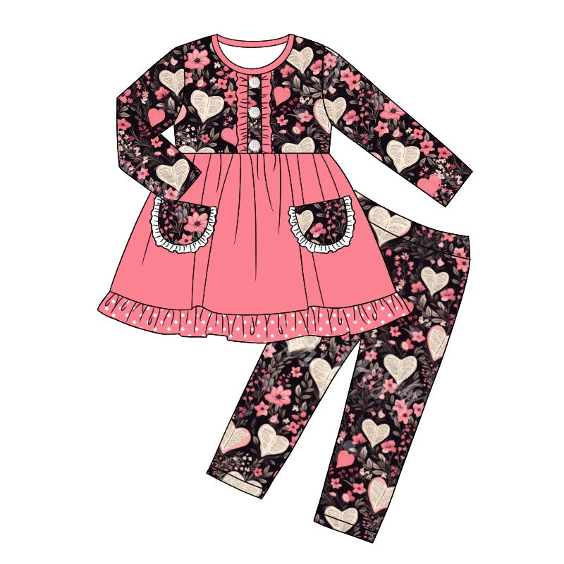 Baby Girls Hearts Black Pocket Tunic Top Valentines Pants Clothes Sets preorder(moq 5)