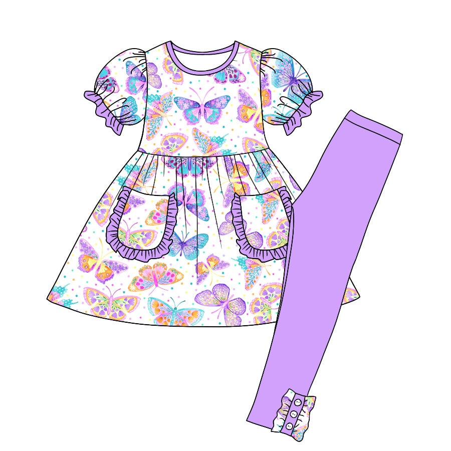 Baby Girls Purple Butterfly Pocket Tunic Pants Clothes Sets preorder(moq 5)