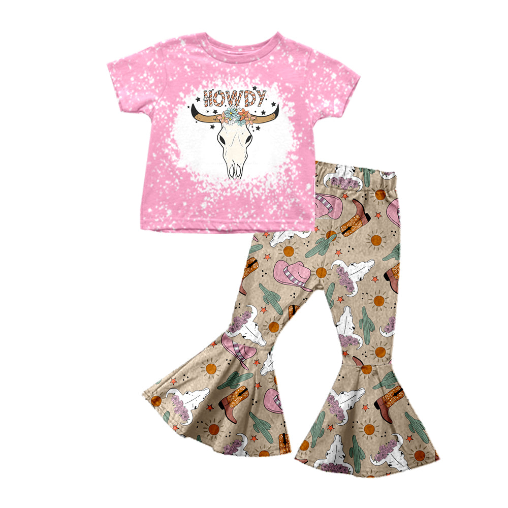 Baby Girls Howdy Cow Short Sleeve Tee Shirt Flare Pants Clothes Sets preorder(moq 5)