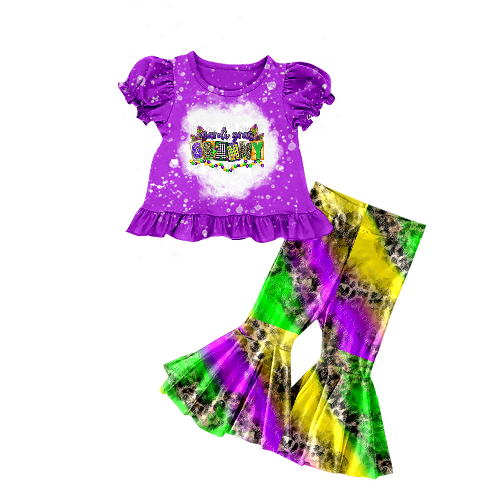 Baby Girls Mardi Gras Short Sleeve Top Leopard Bell Pants Outfits Sets preorder(moq 5)