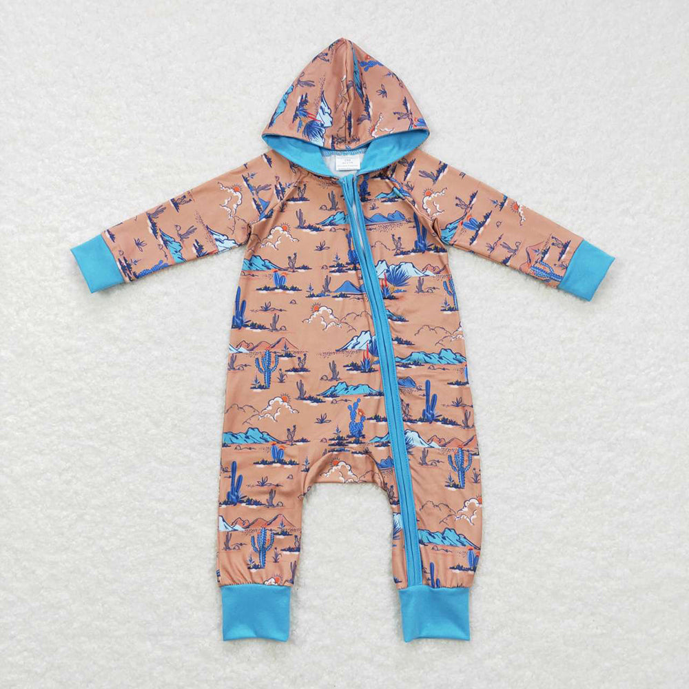 Baby Infant Hooded Western Cactus Zip Long Sleeve Rompers