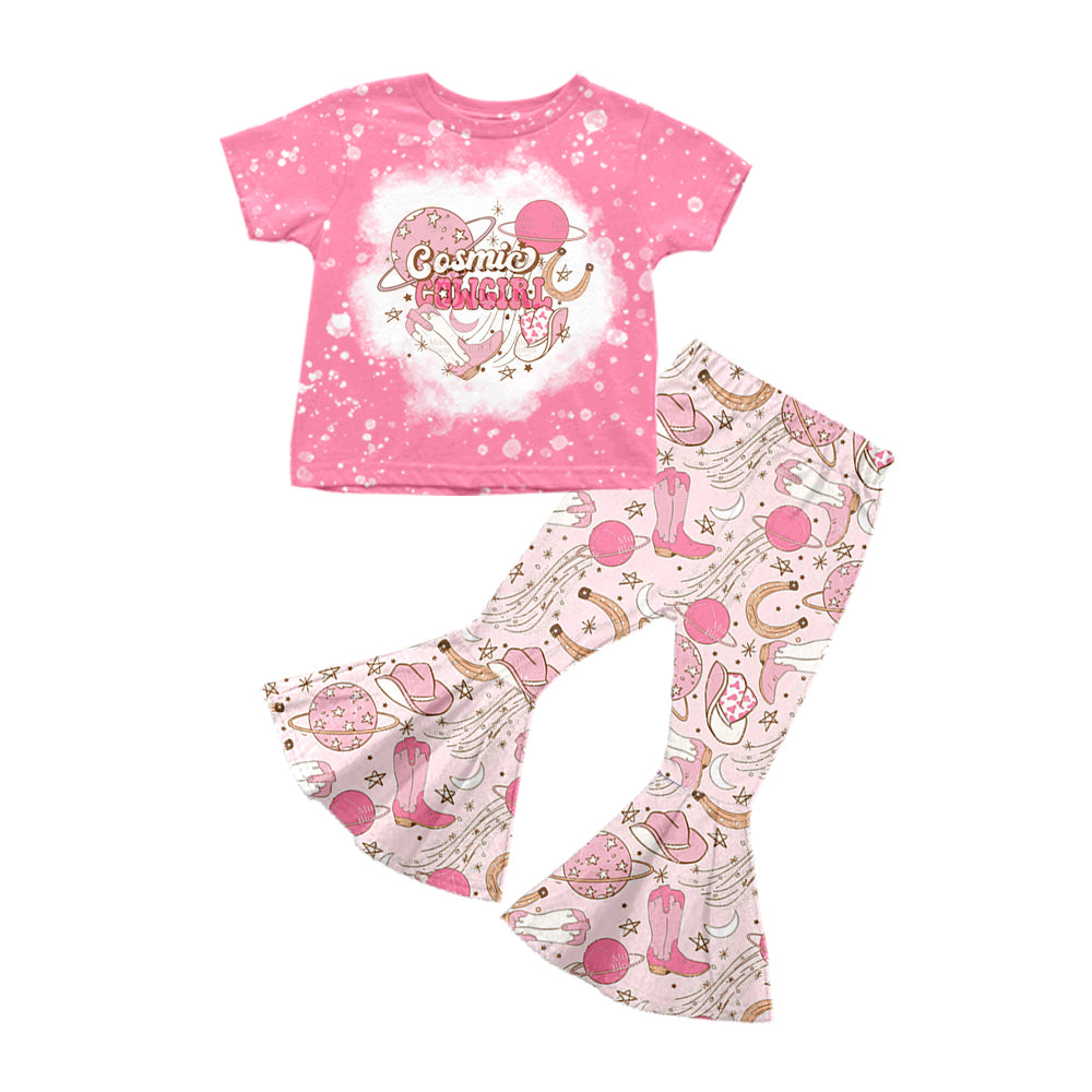 Baby Girls Pink Cowgirl Tee Top Bell Bottom Pants Sets preorder(moq 5)