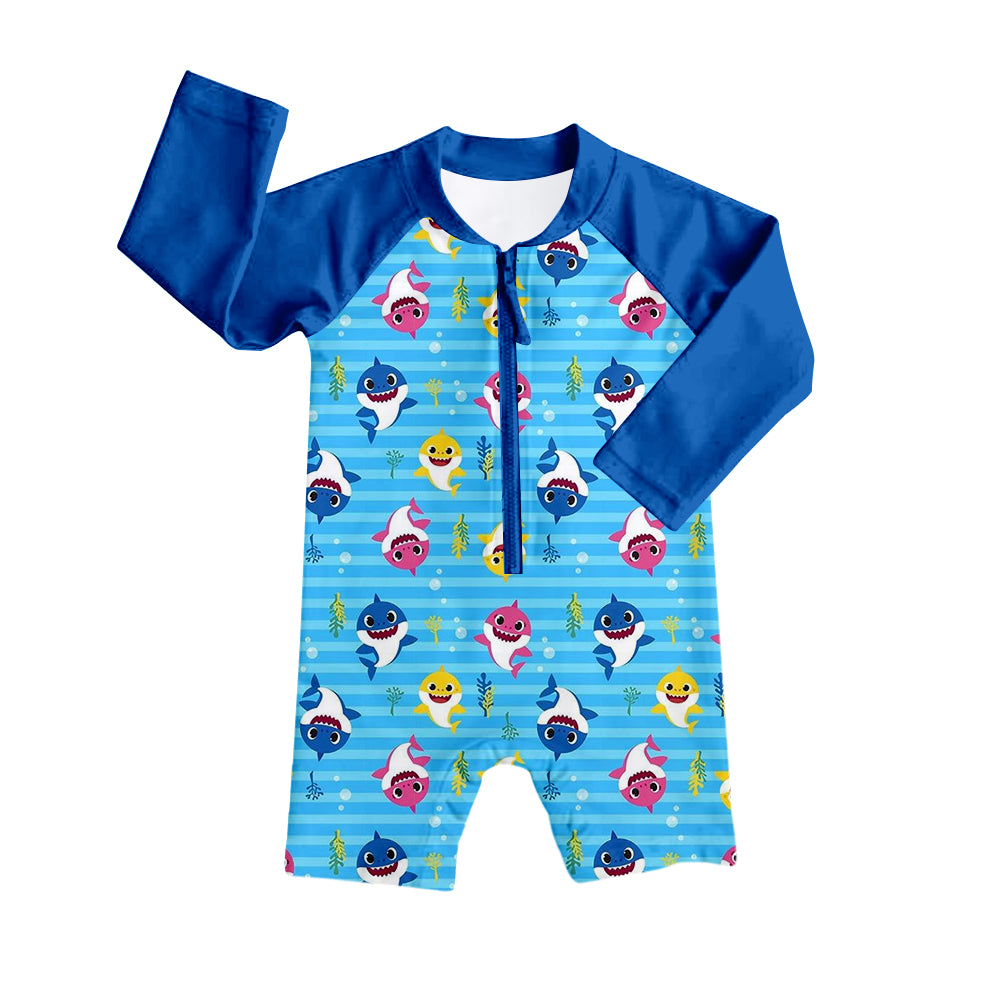 Baby Boys Blue Shark Long Sleeve One Piece Swimsuits preorder(moq 5)