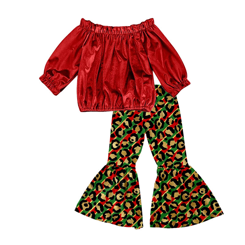 Baby Girls Red Velvet Top Leopard Christmas Bell Bottom Pants Clothes preorder(moq 5)