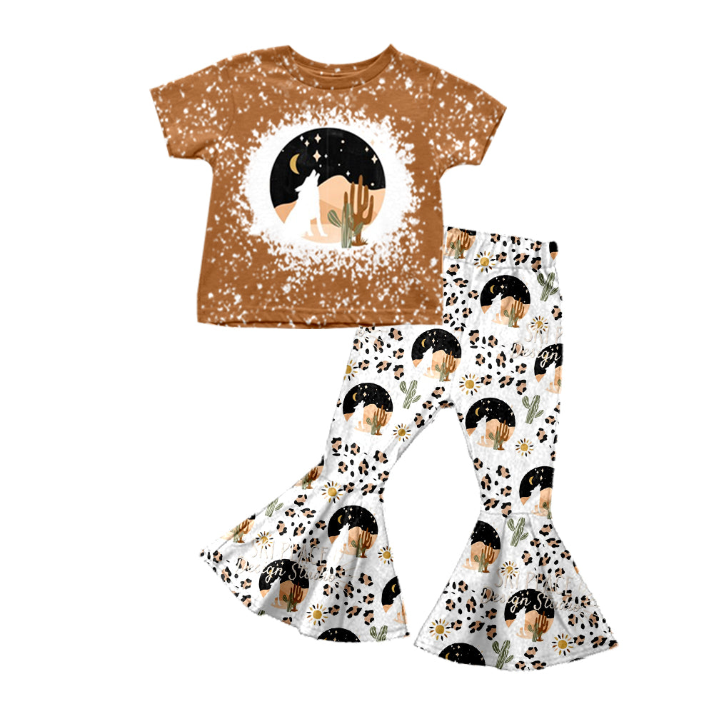 Baby Girls Wolf Cactus Western Tee Shirt Flare Pants Sets Preorder(moq 5)