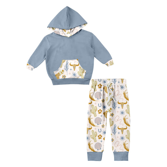 Baby Girls Boys Cow Skull Cactus Hooded Top Pants Clothes Preorder(moq 5)