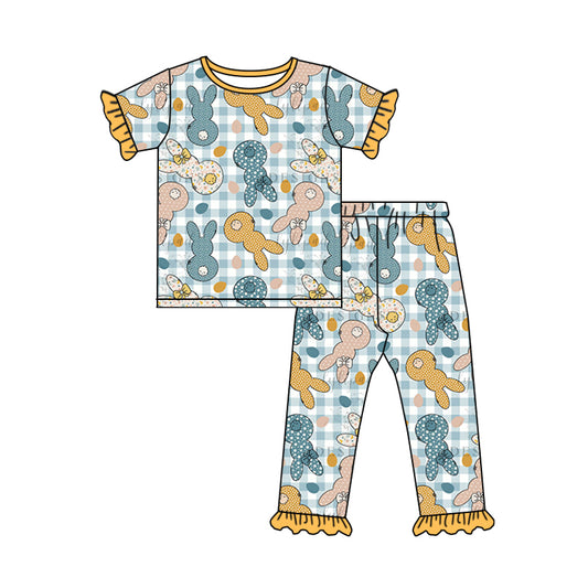 Baby Girls Easter Blue Checkered Rabbit Tee Pants Pajamas Clothing Sets Preorder(moq 5)