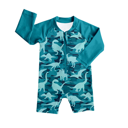 Baby Boys Blue Dinosaur Long Sleeve One Piece Swimsuits preorder(moq 5)