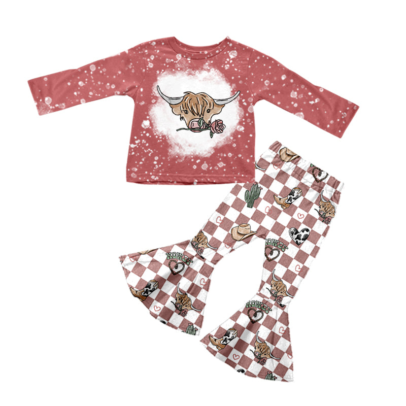 Baby Girls Pink Checkered Highland Cow Shirts Top Bell Pants Clothes Sets Preorder(moq 5)
