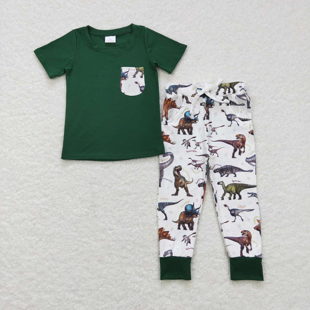 Baby Boys Green Color Dinosaur Pocket Top Pants Clothing Sets