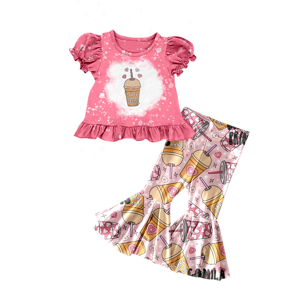 Baby Girls Valentines Coffee Shirts Top Flare Bell Pants Clothes Sets Preorder(moq 5)