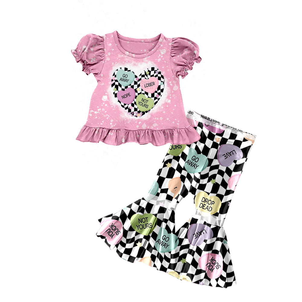 Baby Girls Valentines Hearts Black Checkered Shirts Top Flare Bell Pants Clothes Sets Preorder(moq 5)