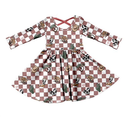 Baby Girls Long Sleeve Checkered Boots Knee Length Dresses Preorder(moq 5)