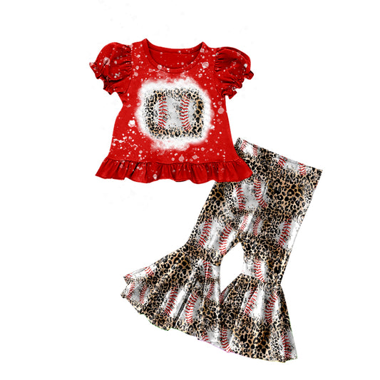 Baby Girls Baseball Short Sleeve Top Leopard Bell Pants Outfits Sets preorder(moq 5)