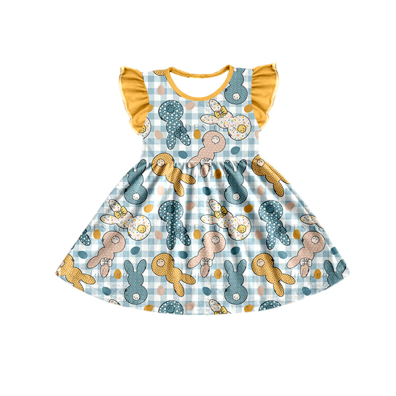 Baby Girls Blue Checkered Rabbit Easter Knee Length Dresses Preorder(moq 5)