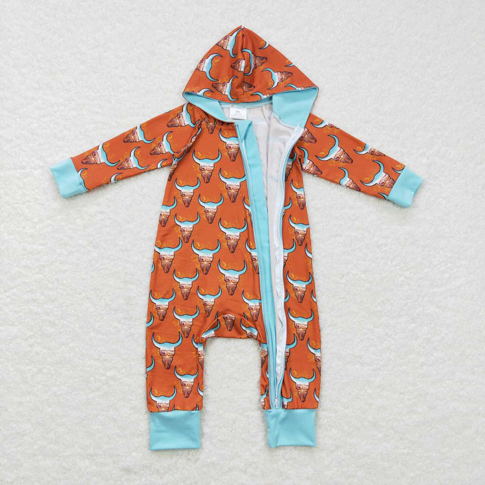 Baby Infant Hooded Western Cow Zip Long Sleeve Rompers