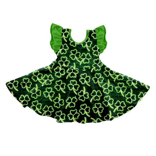 Baby Girls St Patrick Day Quatrefoil Flutter Sleeve Knee Length Dresses Preorder(moq 5)