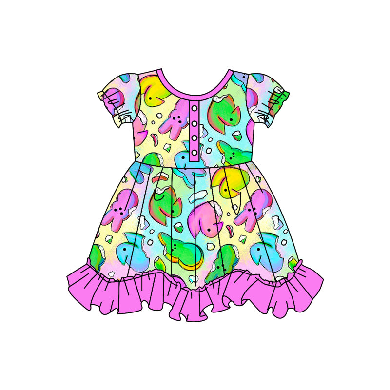 Baby Girls Easter Colorful Rabbits Ruffle Knee Length Dresses Preorder(moq 5)