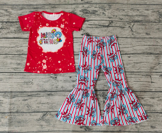 Baby Girls Red Miss Thing Short Sleeve Tee Shirts Stripes Bell Pants Clothes Sets