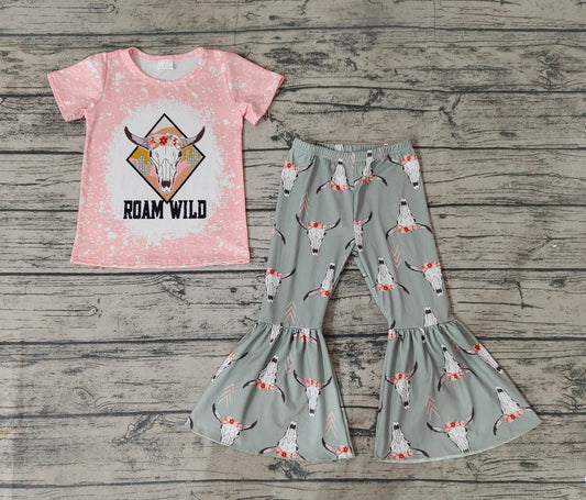 Baby Girls Cow Skull Cactus Short Sleeve Tee Shirts Bell Pants Clothes Sets