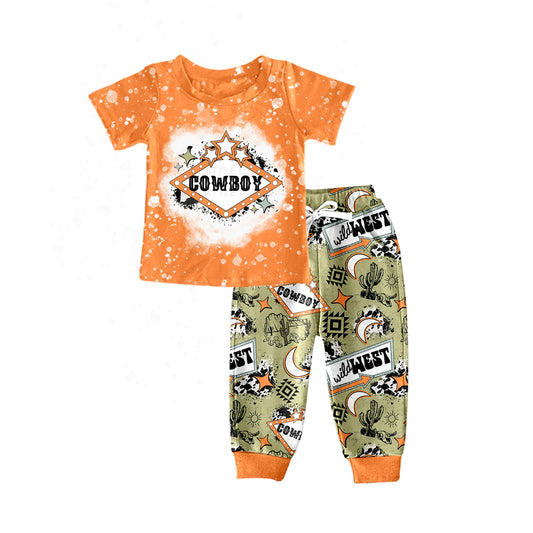 Baby Boys Orange Cowboy Short Sleeve Tee Shirt Pants Western Sets Preorder(moq 5)
