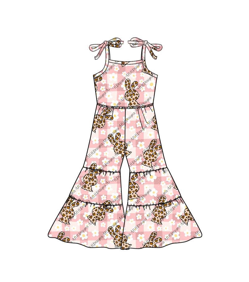 Baby Girls Easter Pink Flowers Rabbit Leopard Straps Jumpsuits Preorder(moq 5)