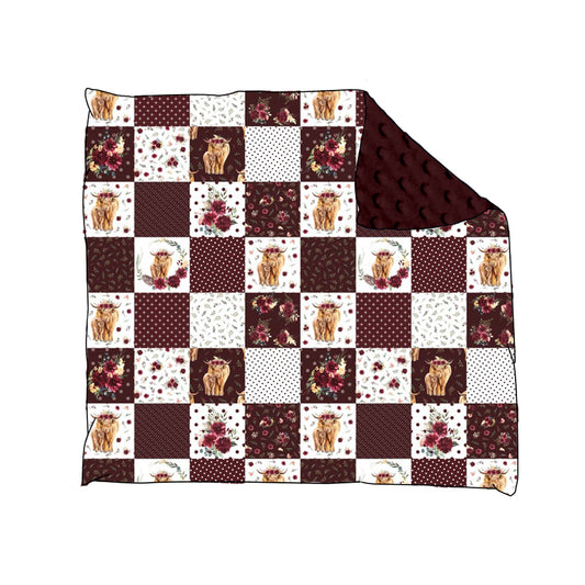 Baby Girls Maroon Floral Cow Minky Blankets preorder(moq 5)