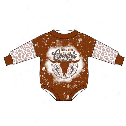 Baby Girls Western Cowgirl Brown Leopard Long Sleeve Rompers preorder(moq 5)