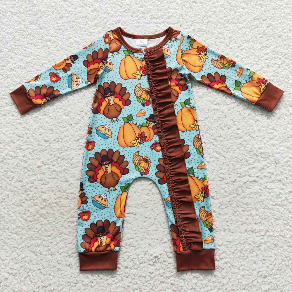 Baby Girls Thanksgiving Turkey Zip Long Sleeve Rompers