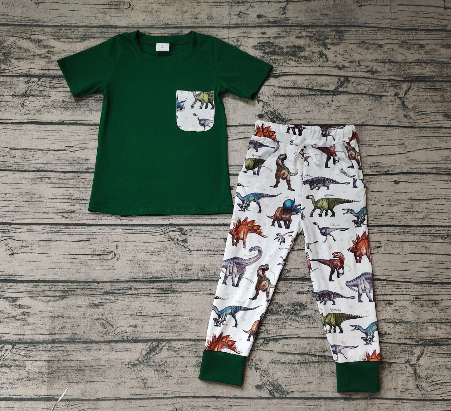 Baby Boys Green Color Dinosaur Pocket Top Pants Clothing Sets