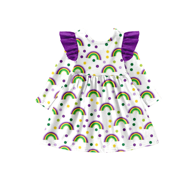 Baby Girls Long Sleeve Mardi Gras Rainbow Knee Length Dresses Preorder(moq 5)