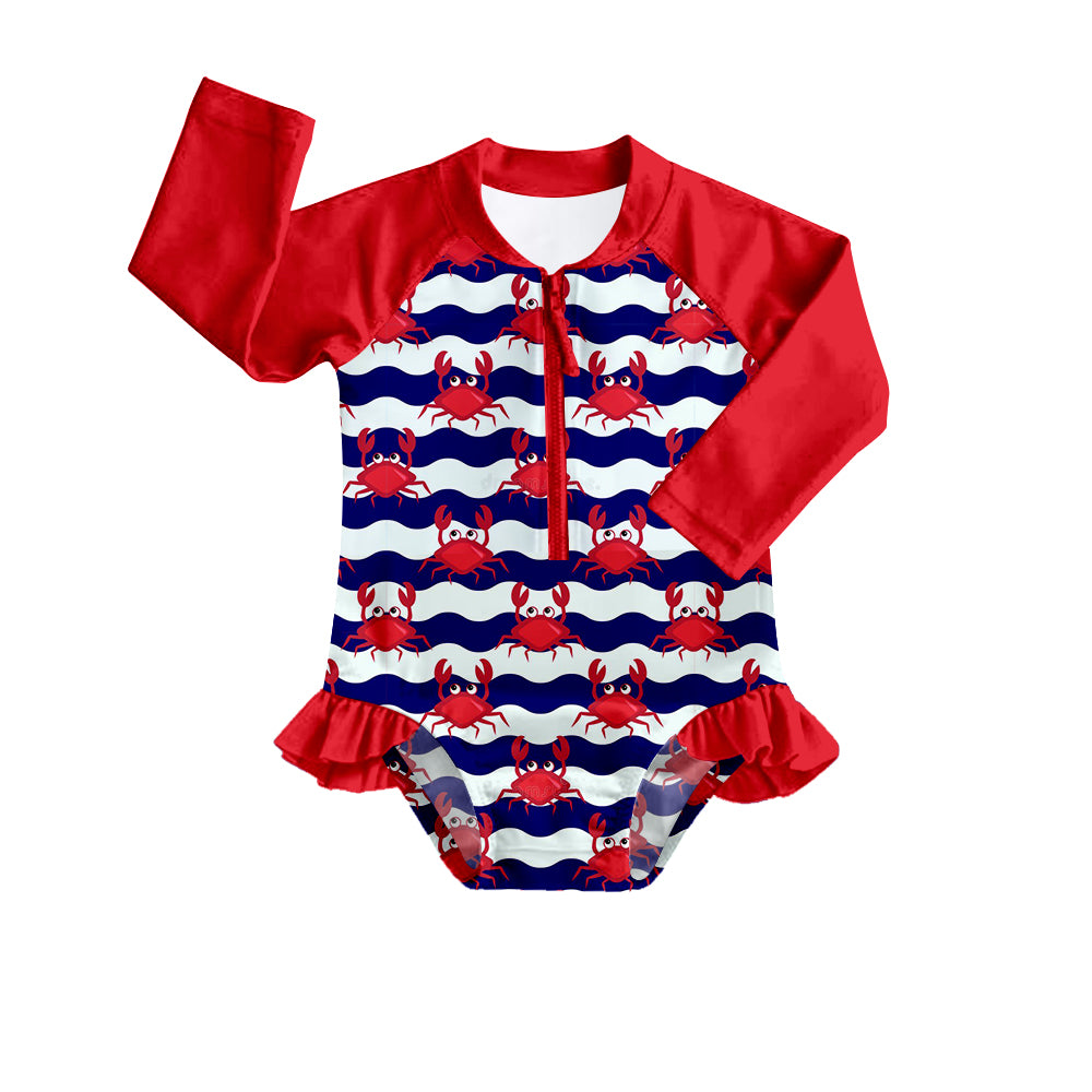 Baby Girls Red Stripes Crab Long Sleeve One Piece Swimsuits preorder(moq 5)