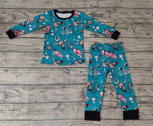 Baby Kids Western Long Sleeve Tee Top Pants Boots Cow Jammies Sets