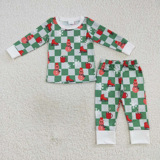 Baby Boys Christmas Green Checkered Smile 2pcs Pajamas Clothes Sets