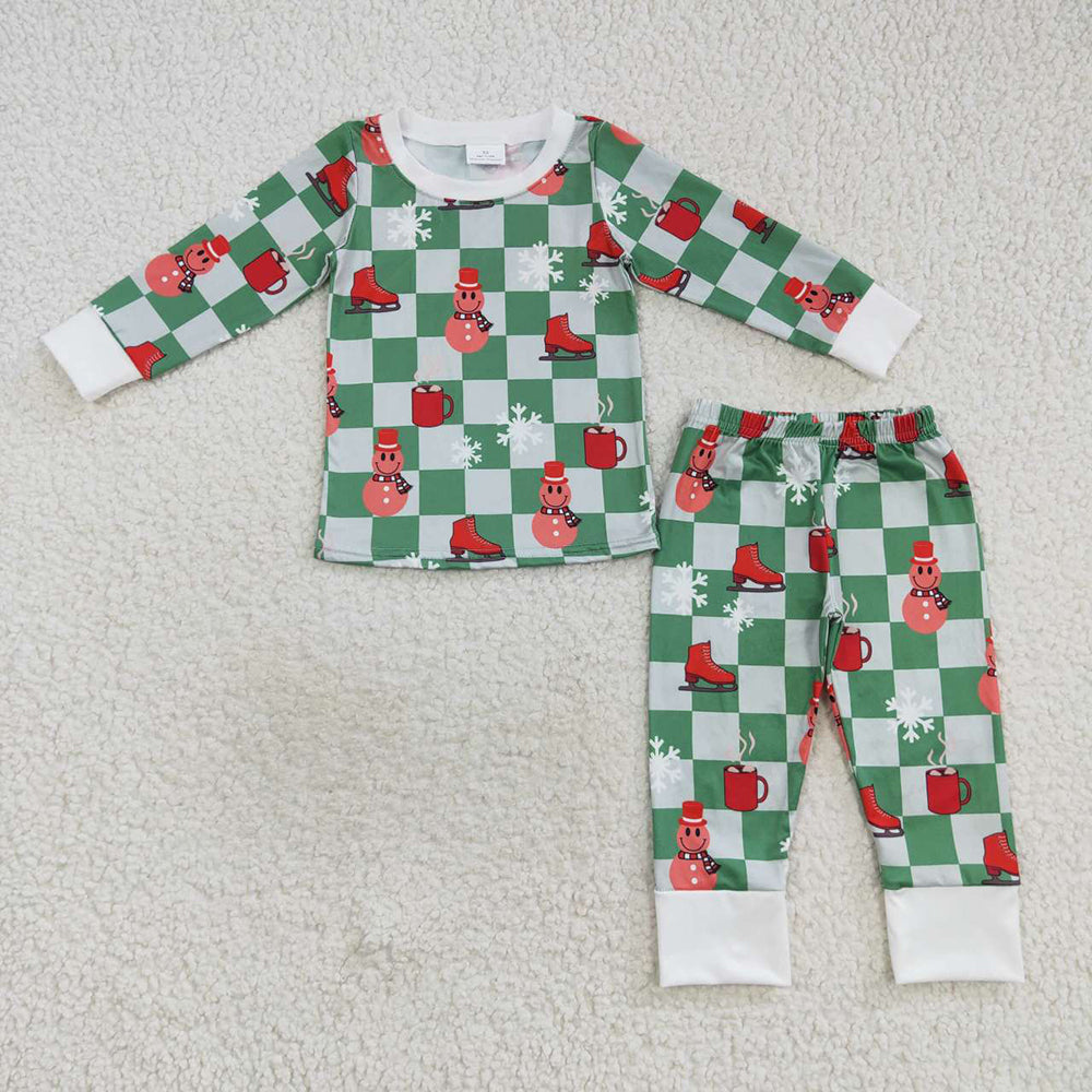 Baby Boys Christmas Green Checkered Smile 2pcs Pajamas Clothes Sets